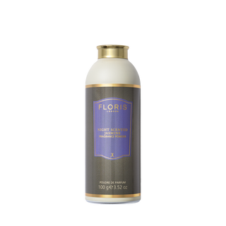 A 100g bottle of FLORIS London Night Scented Jasmine Fragrance Powder, featuring a white top section, a gold cap, a dark gray textured lower section, and a central purple label with gold lettering.