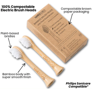 Two electric replacement toothbrush headswith plant-based bristles and bamboo body, next to a compostable brown paper packaging box, on a white background - Pangolins