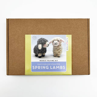 Boxed needle-felting kit with 'Spring Lambs' on a white background