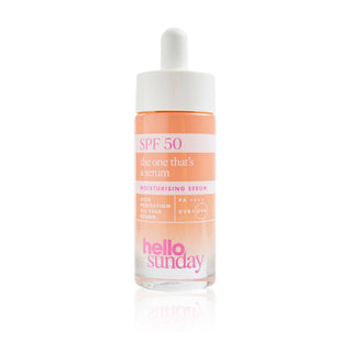 Skincare serum bottle with SPF 50 label on a white background