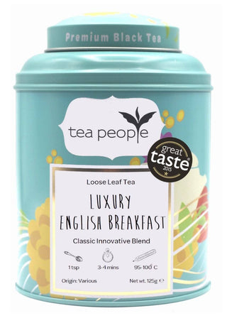 Tea canister with 'tea people' branding and 'Luxury English Breakfast' label on a white background