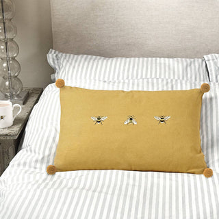 Embroidered Bee Cotton Cushion with Feather Inner – Mustard Yellow
