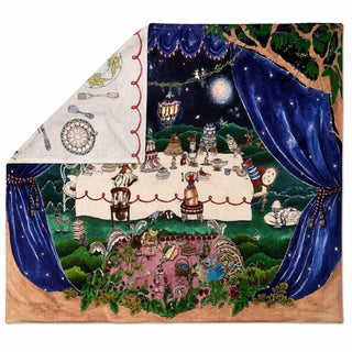 Forivor Once Upon a Feast reversible muslin blanket with woodland animals, moonlit tea party scene, botanical illustrations and storybook details
