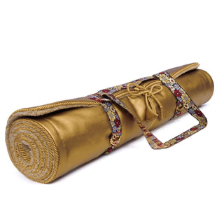 Holistic Silk gold yoga rug mat with fleece lining and floral carry strap