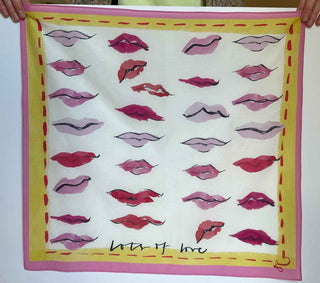 Kiss Kiss 100% Silk Scarf covered in pink and red lips with yellow and pink border - Pangolins