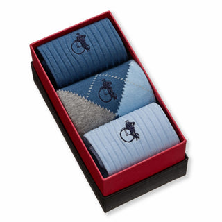 London Sock Company blue argyle sock gift box in presentation box, angled view showing three pairs