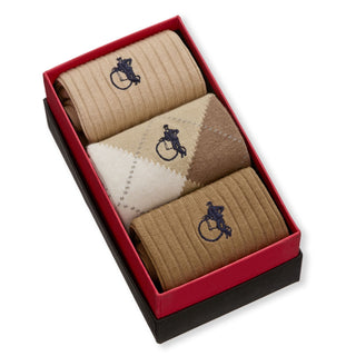 London Sock Company argyle sock gift box angled view showing neutral sand patterned socks
