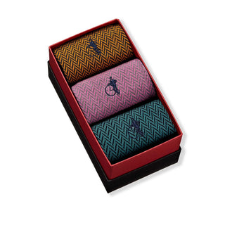London Sock Company colourful herringbone sock gift box angled view with orange, pink and green socks