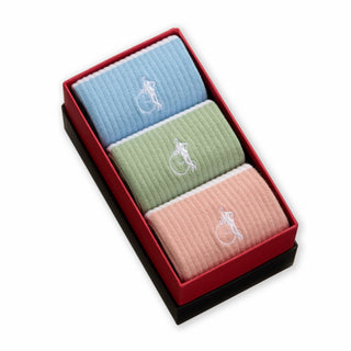 Pastel striped socks gift set by London Sock Company in blue, green and peach organic cotton, shown in angled premium gift box