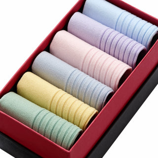 Close-up of pastel trainer socks gift set in soft colours, made from Scottish lisle cotton and presented in a premium box