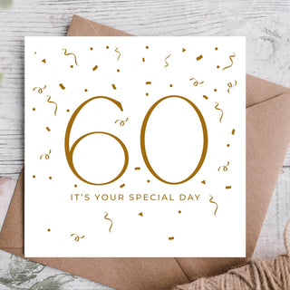Highgrove Cards 60th Birthday Card – Gold Confetti Design with Kraft Envelope