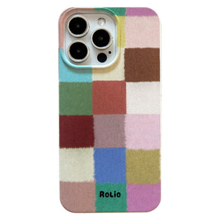 A protective phone case with a colorful patchwork design of textured square blocks in various colors, featuring a white camera cutout and the brand name 'Rolio' printed at the bottom.