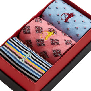 Close-up of colourful patterned socks gift box showing striped, geometric and motif designs in premium cotton