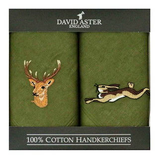 Stag & Hare Embroidered Green Cotton Handkerchief Set - Pangolins