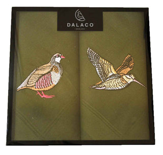 Woodcock & Partridge Embroidered Green Handkerchiefs - Pangolins