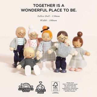 Wooden Doll Family Set — Posable FSC® Dolls with Hand - Finished Outfits - Pangolins
